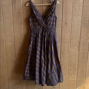 Rickie Freeman for Teri Jon Purple and Brown Striped Midi Dress, 100% silk.